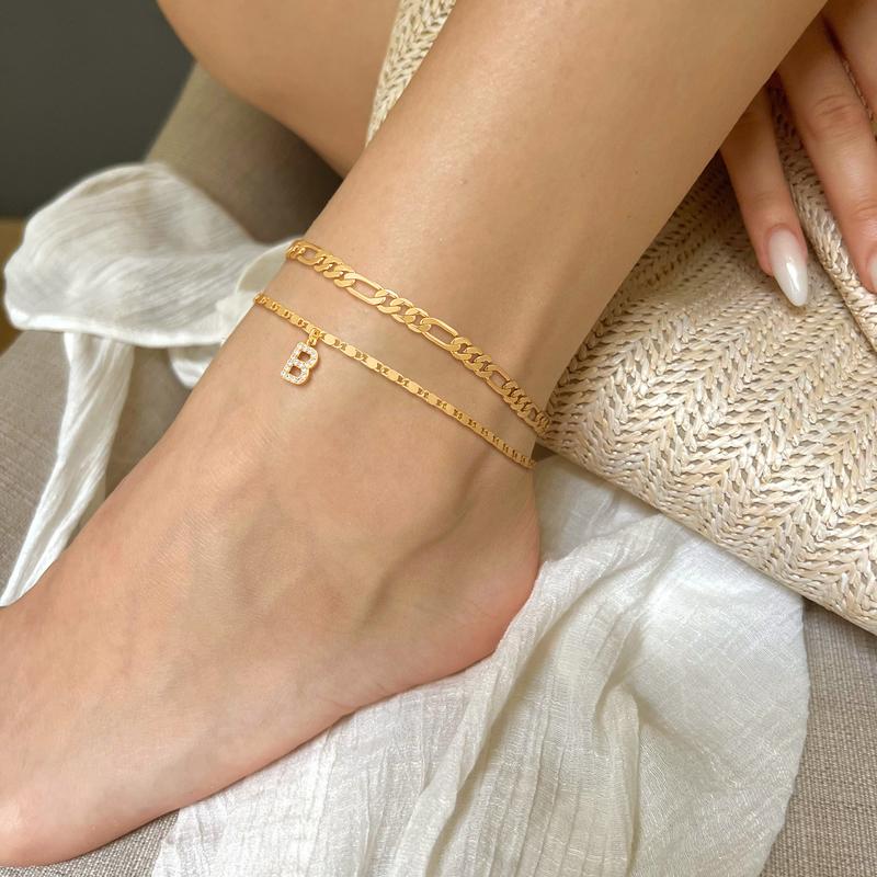 Two-Piece Initial Anklet Set with Diamond-Look Letter Charm