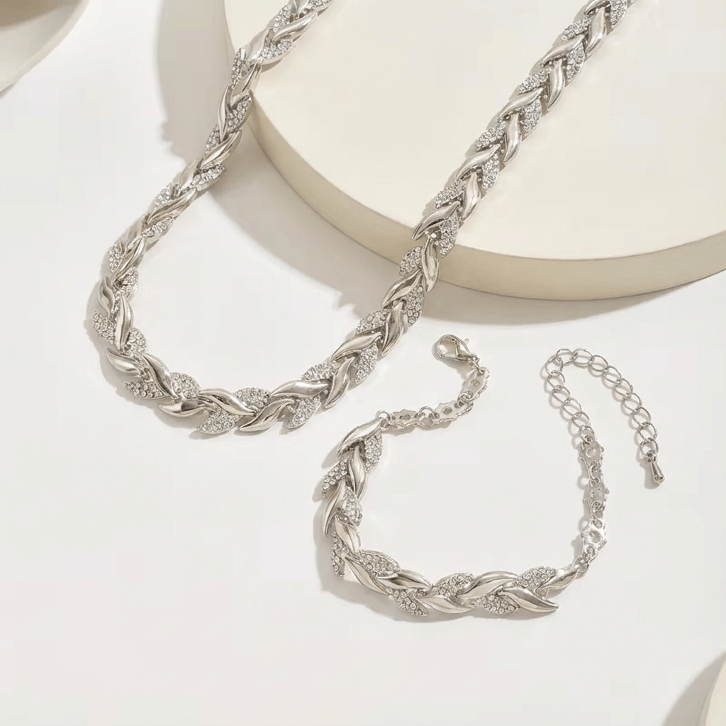 Silver-Tone Leaf Chain Necklace and Bracelet Set