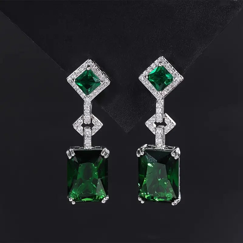 Green Stone Station Necklace and Earrings Set in White Gold Tone
