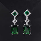 Green Stone Station Necklace and Earrings Set in White Gold Tone