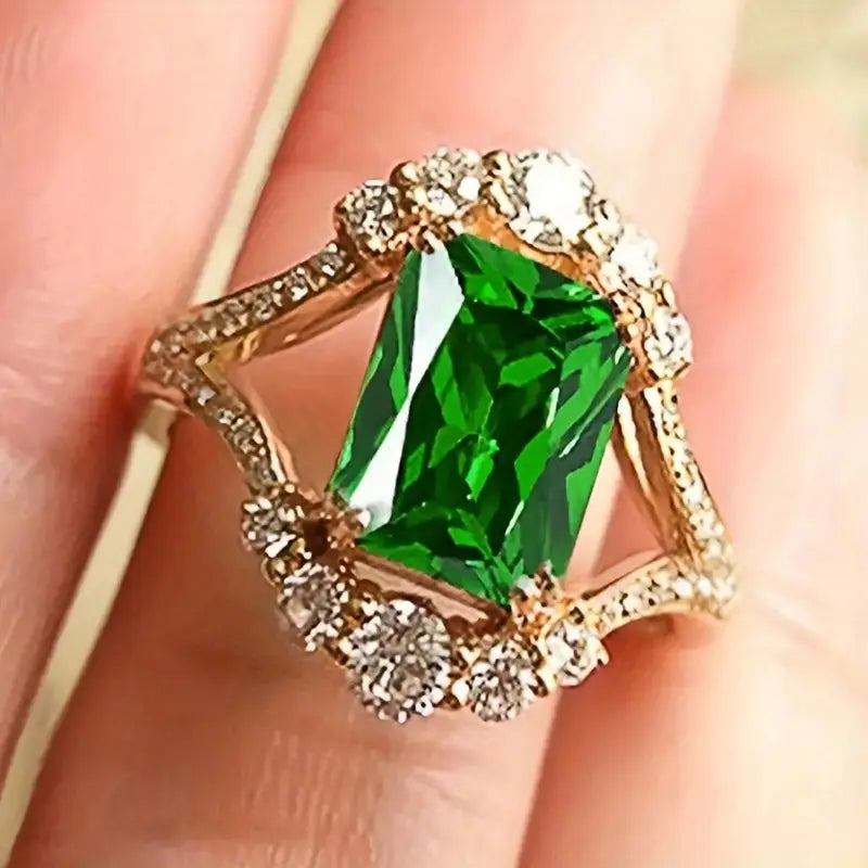 Long Green Crystal Ring with Ornate Gold-Tone Frame