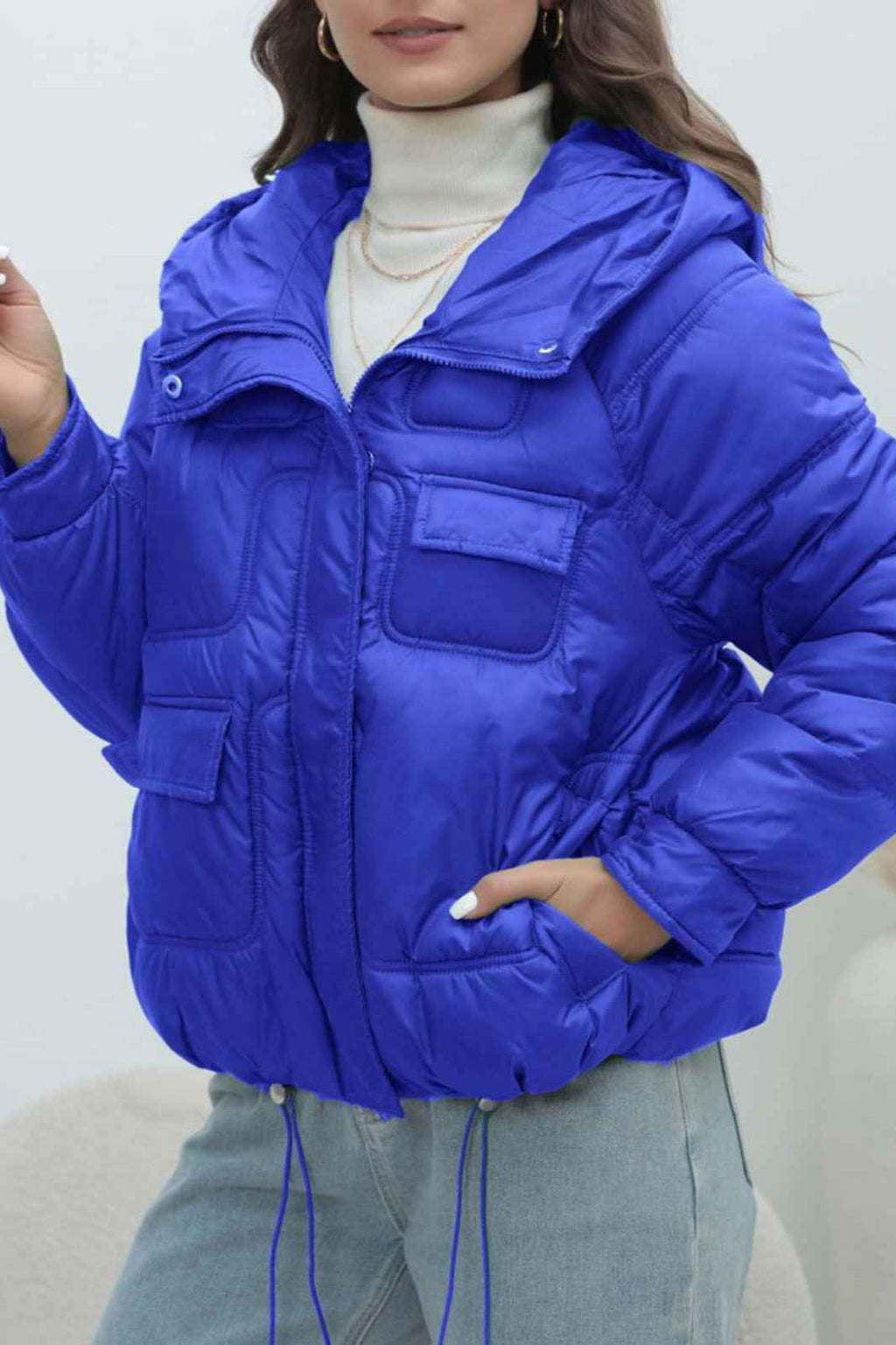Quilted Hooded Jacket with High Collar and Drawstring Hem