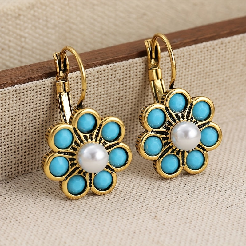 Vintage Turquoise and Pearl Flower Earrings