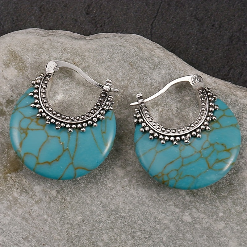 Turquoise Crescent Silver-Plated Hoop Earrings