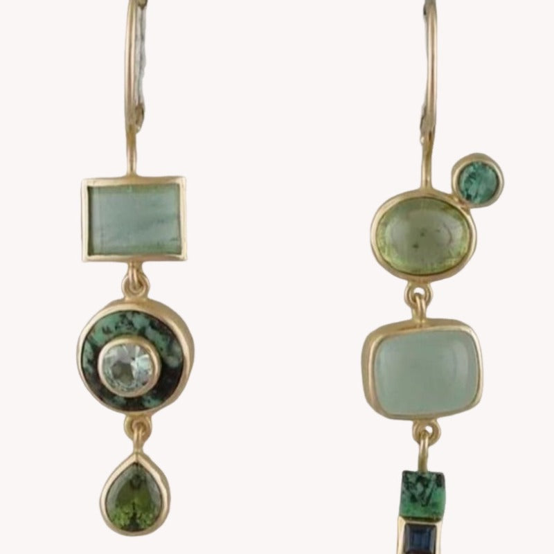 Vintage Geometric Green Stone Gold-Tone Drop Earrings