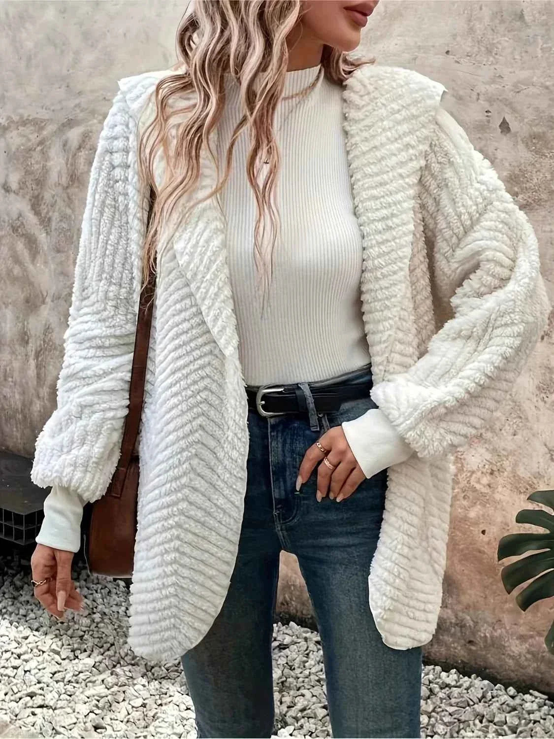 Fluffy Fleece Cardigan with Hood and Open Front Styling