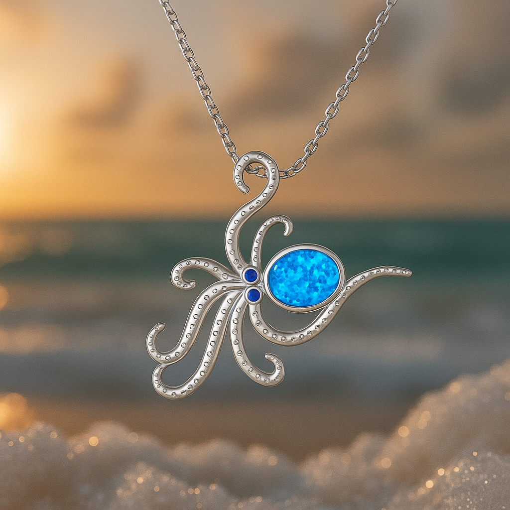 Silver-Tone Octopus Necklace with Blue Opal-Look Stone