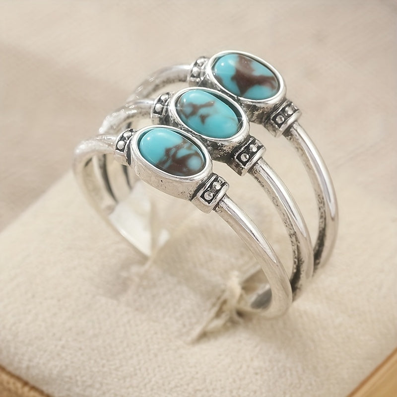 Vintage-Style Boho Triple Turquoise Silver-Tone Ring