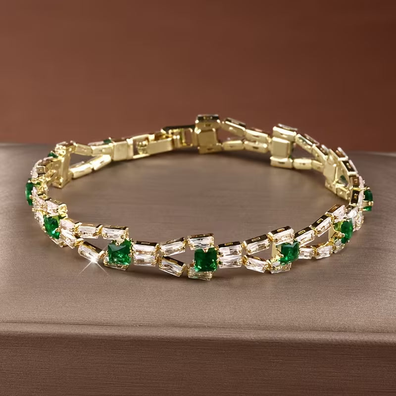 Green Stone Link Tennis Bracelet in Gold Tone