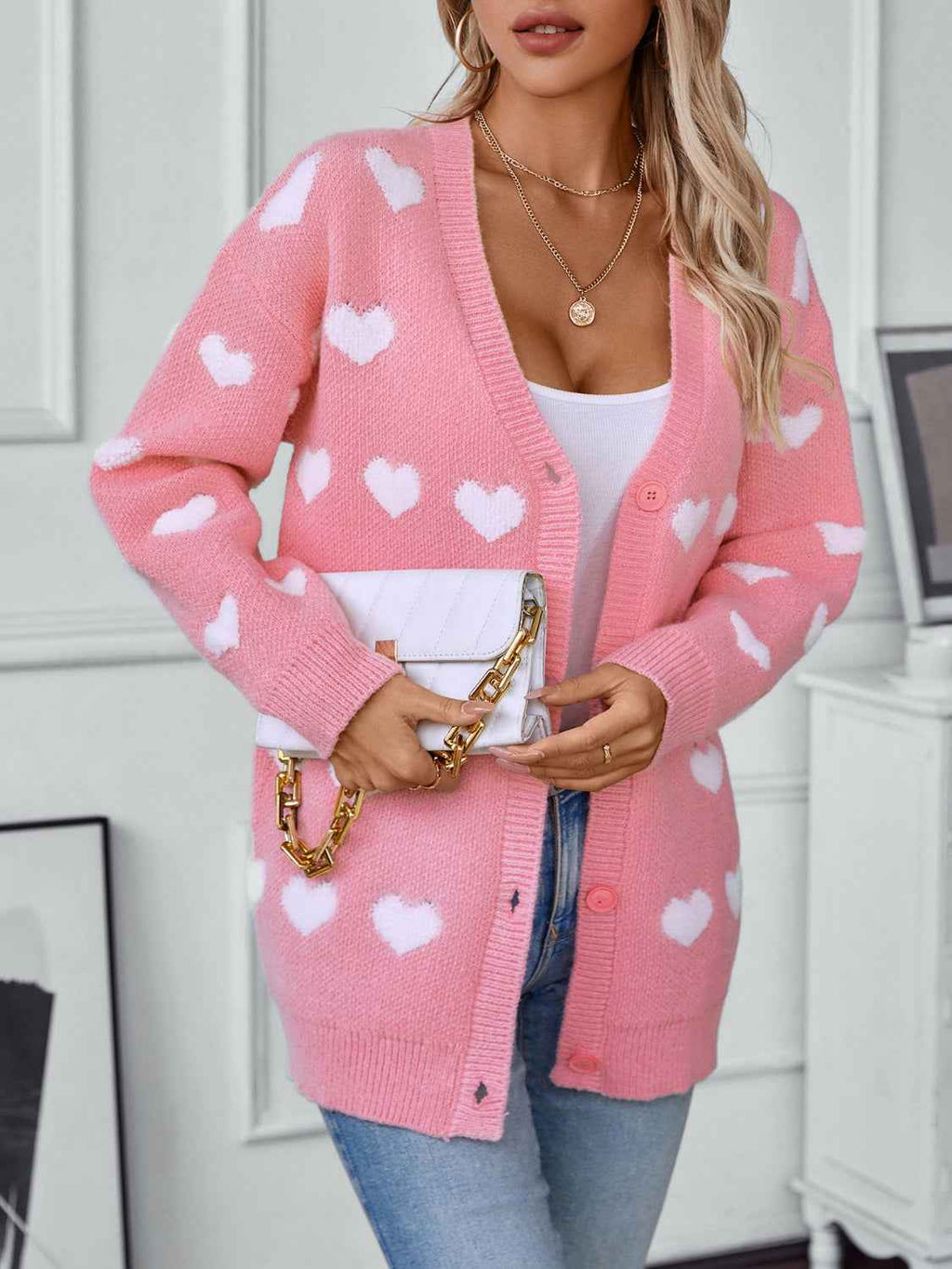 Heart Print V-Neck Cardigan with Button Front and Long Sleeves