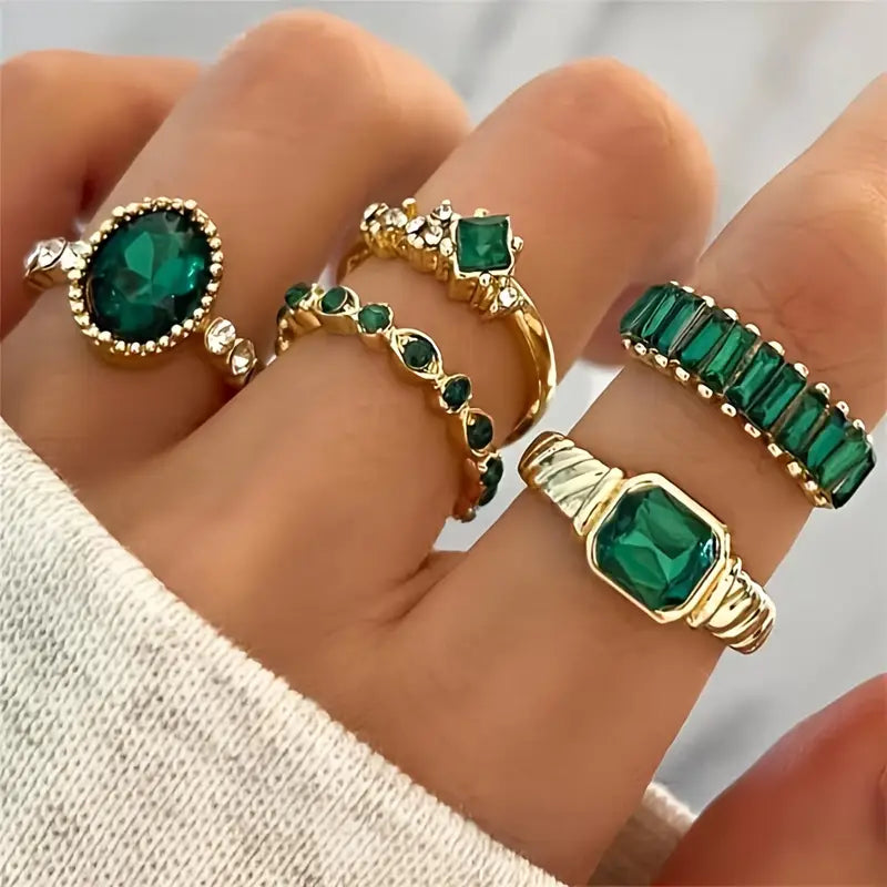 Mixed Emerald-Look Stacking Ring Set with Crystal Accents