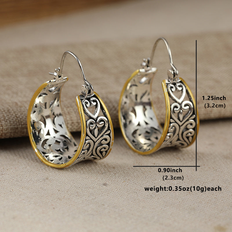 Vintage Two-Tone Hand-Carved Bohemian Hoop Earrings