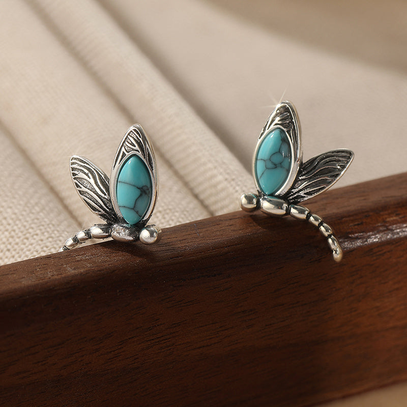 Vintage-Style Dragonfly Turquoise Stud Earrings