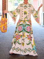 Printed Long Sleeve Kaftan-Style Maxi Dress