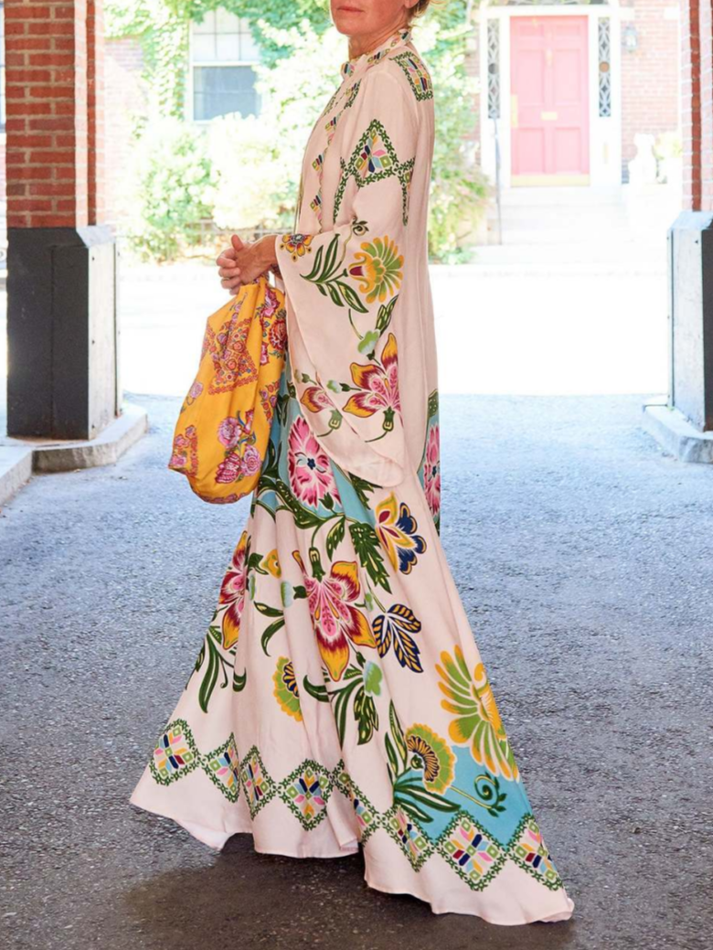 Printed Long Sleeve Kaftan-Style Maxi Dress