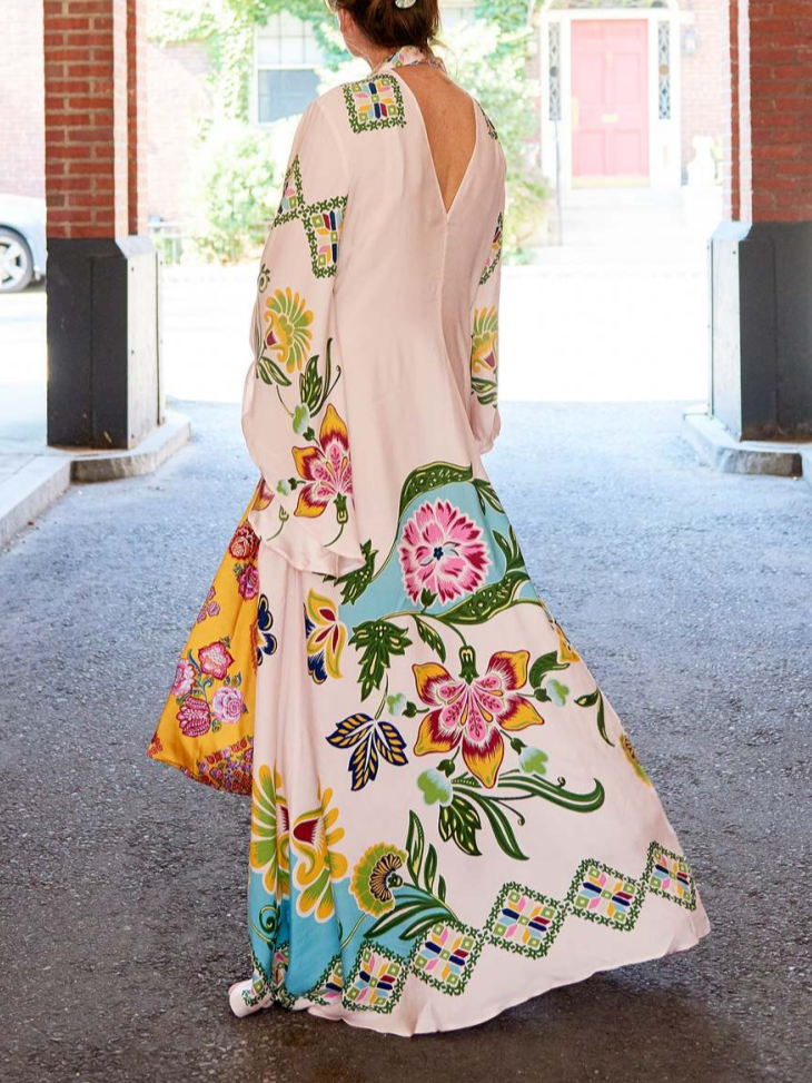 Printed Long Sleeve Kaftan-Style Maxi Dress