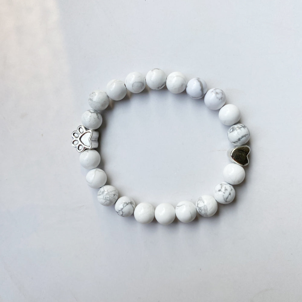 White Stone Bead Bracelet with Paw and Heart Charm