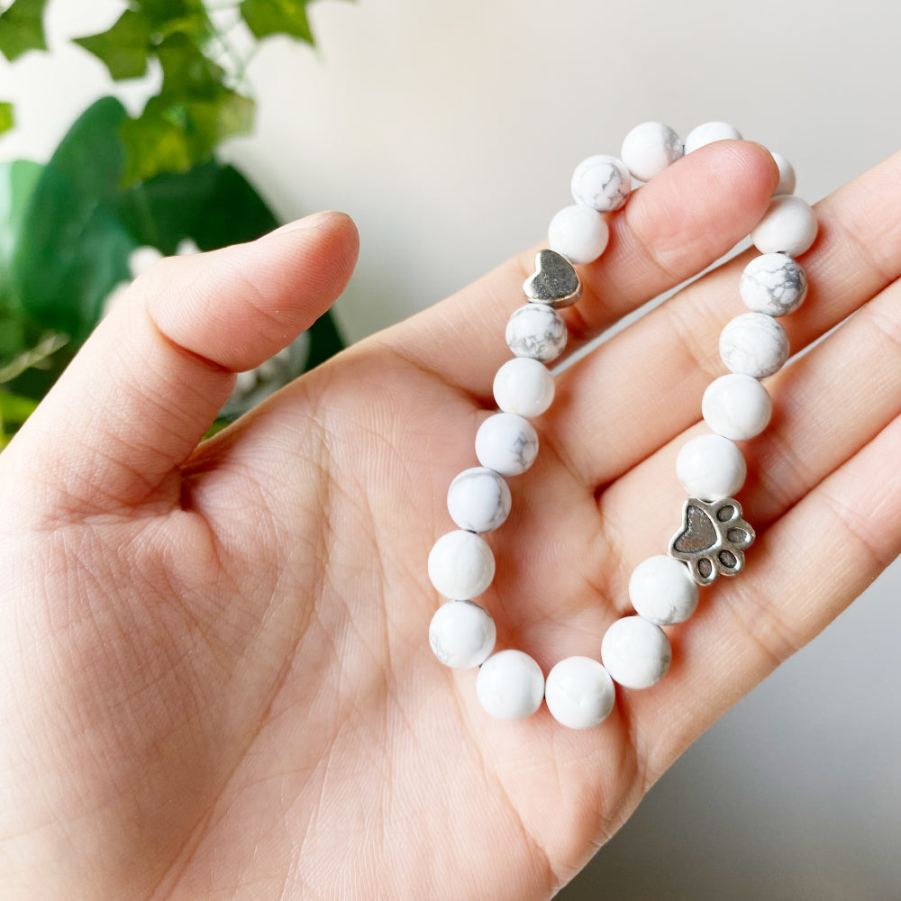 White Stone Bead Bracelet with Paw and Heart Charm