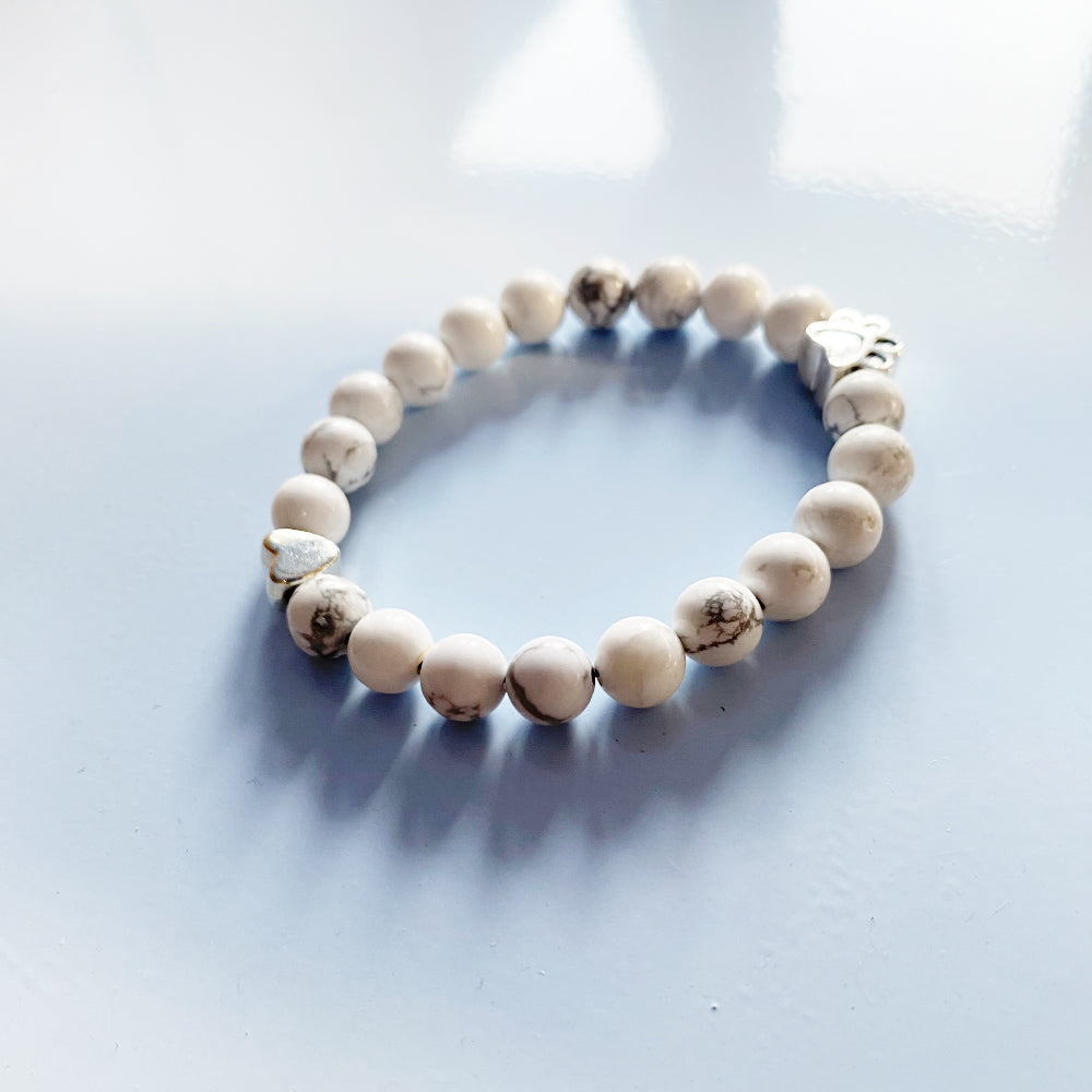 White Stone Bead Bracelet with Paw and Heart Charm