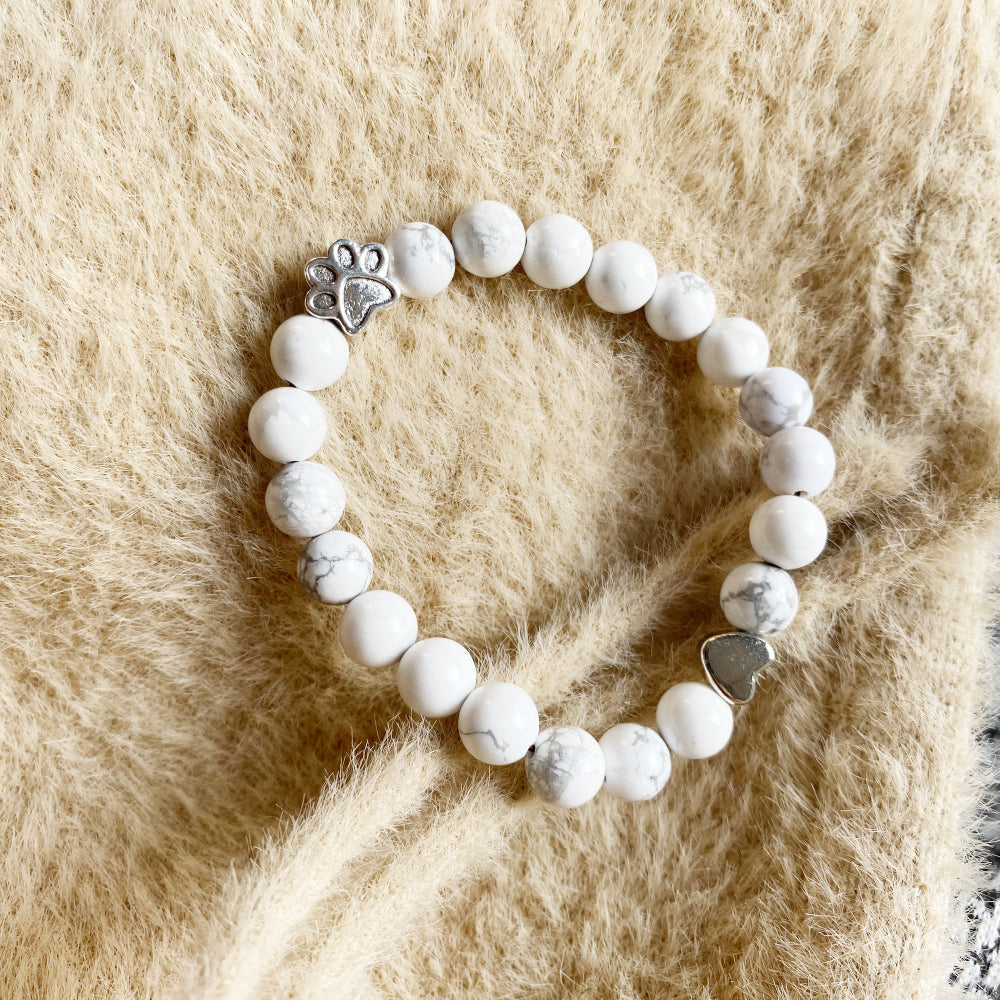 White Stone Bead Bracelet with Paw and Heart Charm