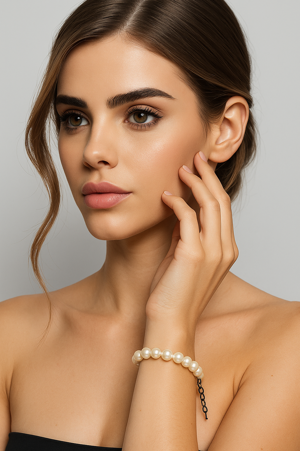 Pearl Bracelet with Contrasting Black Chain Clasp
