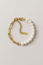 Half Pearl Half Chain Bracelet with Bold Links
