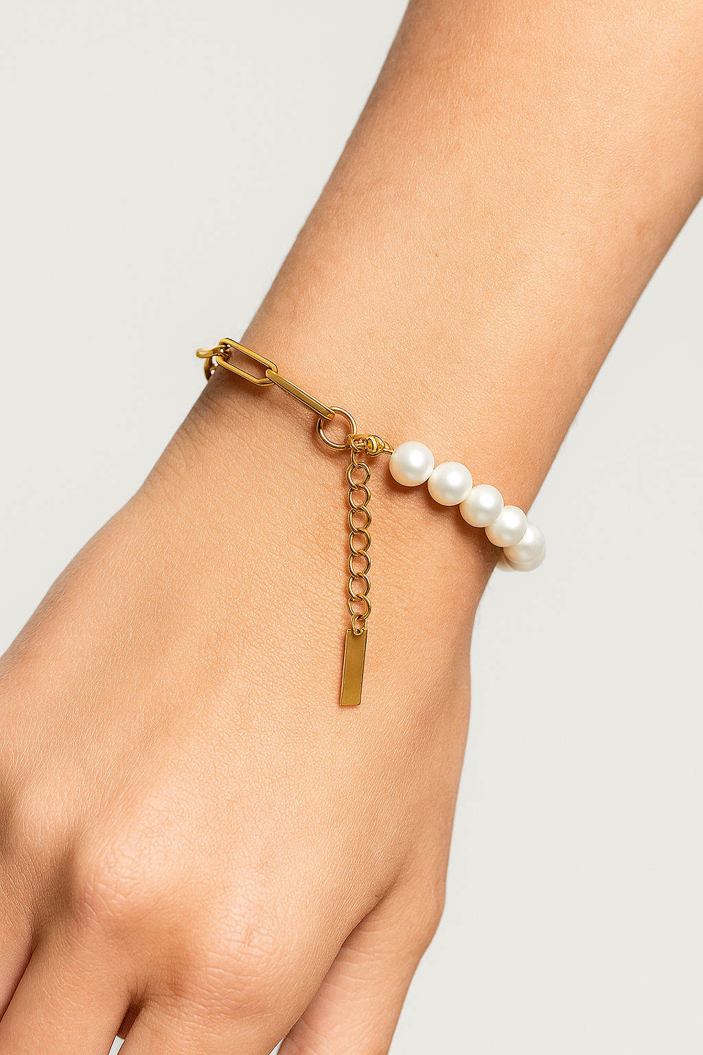 Half Pearl Half Chain Bracelet with Bold Links