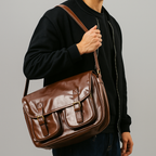 Vintage-Style Glossy Faux Leather Messenger Bag, 31x22x11cm