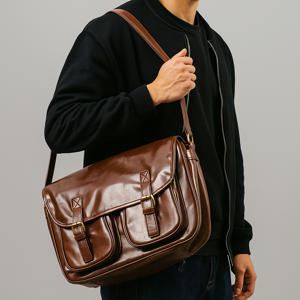 Vintage-Style Glossy Faux Leather Messenger Bag, 31x22x11cm