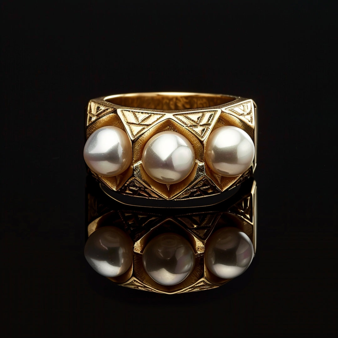 Grove goudkleurige ring met ingelegde kralen in parellook