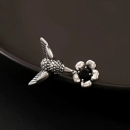 Adjustable Vintage-Style Silver-Plated Hummingbird and Flower Open Ring