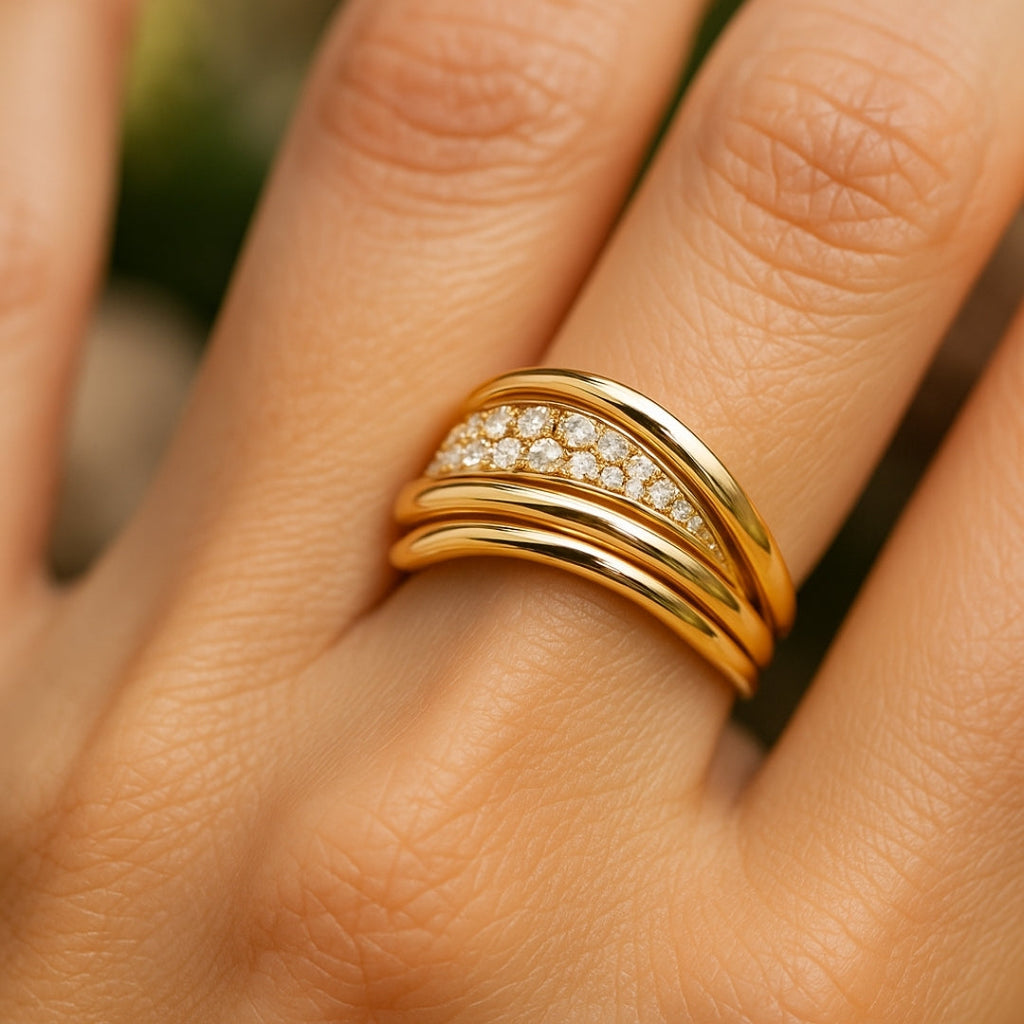 Wavy Zirconia Gold-Tone Layered Ring