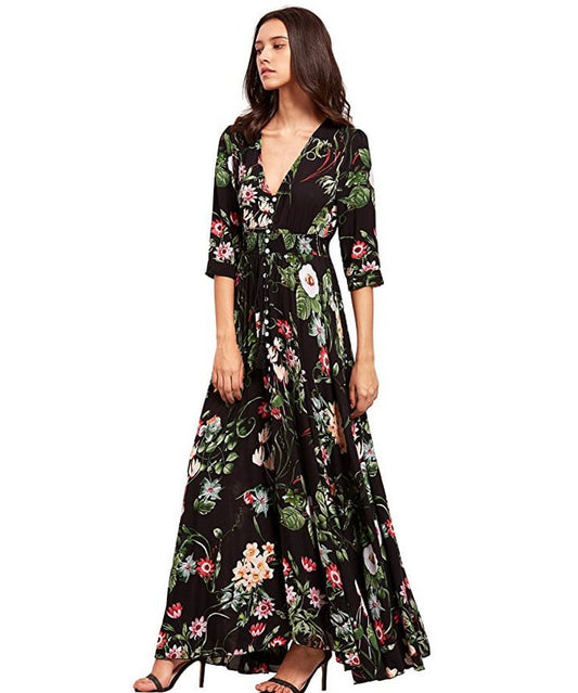 Bohemian Floral Button Maxi Dress