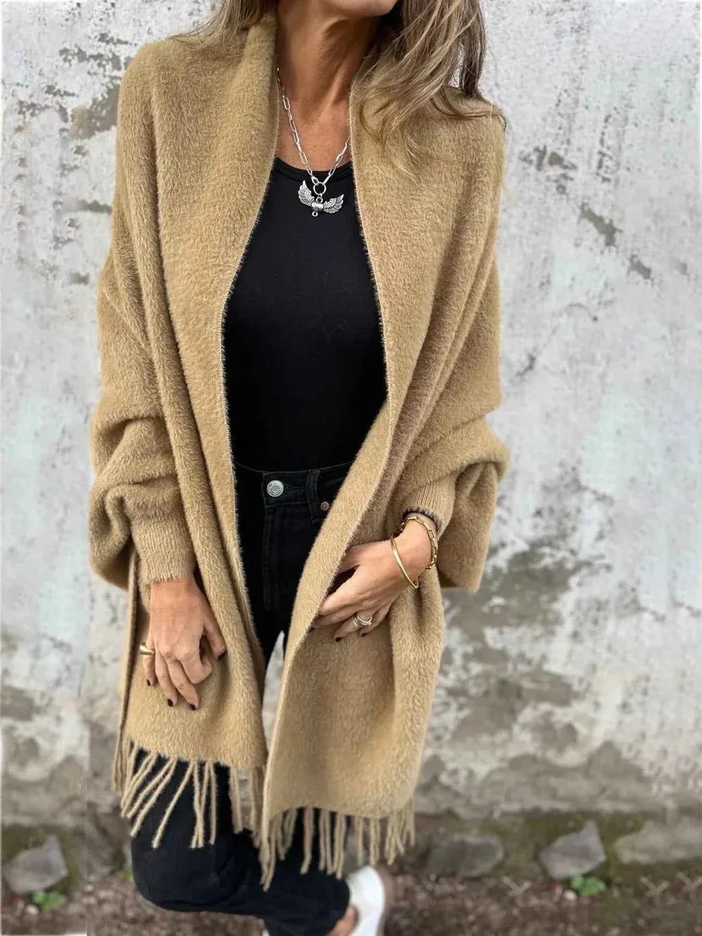 Open Draped Cardigan with Fringed Edges for Easy Layering