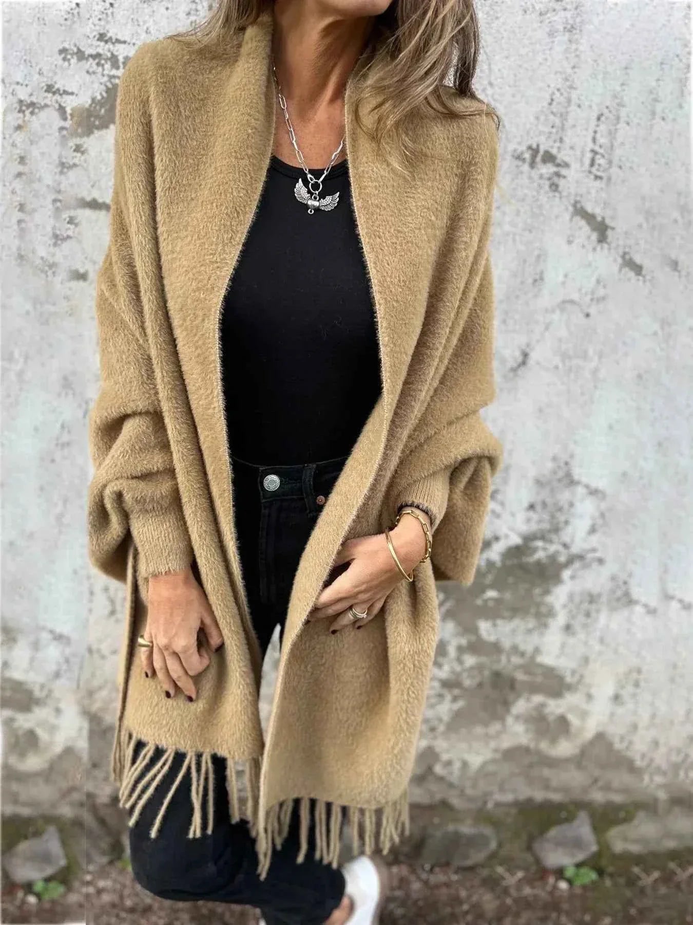 Open Draped Cardigan with Fringed Edges for Easy Layering