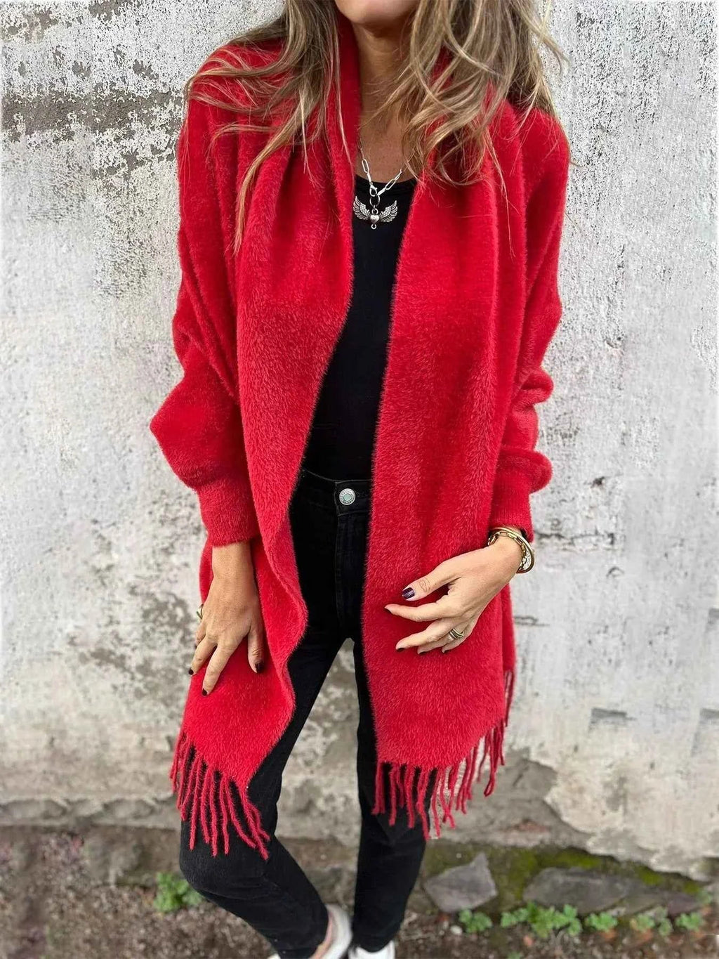 Open Draped Cardigan with Fringed Edges for Easy Layering