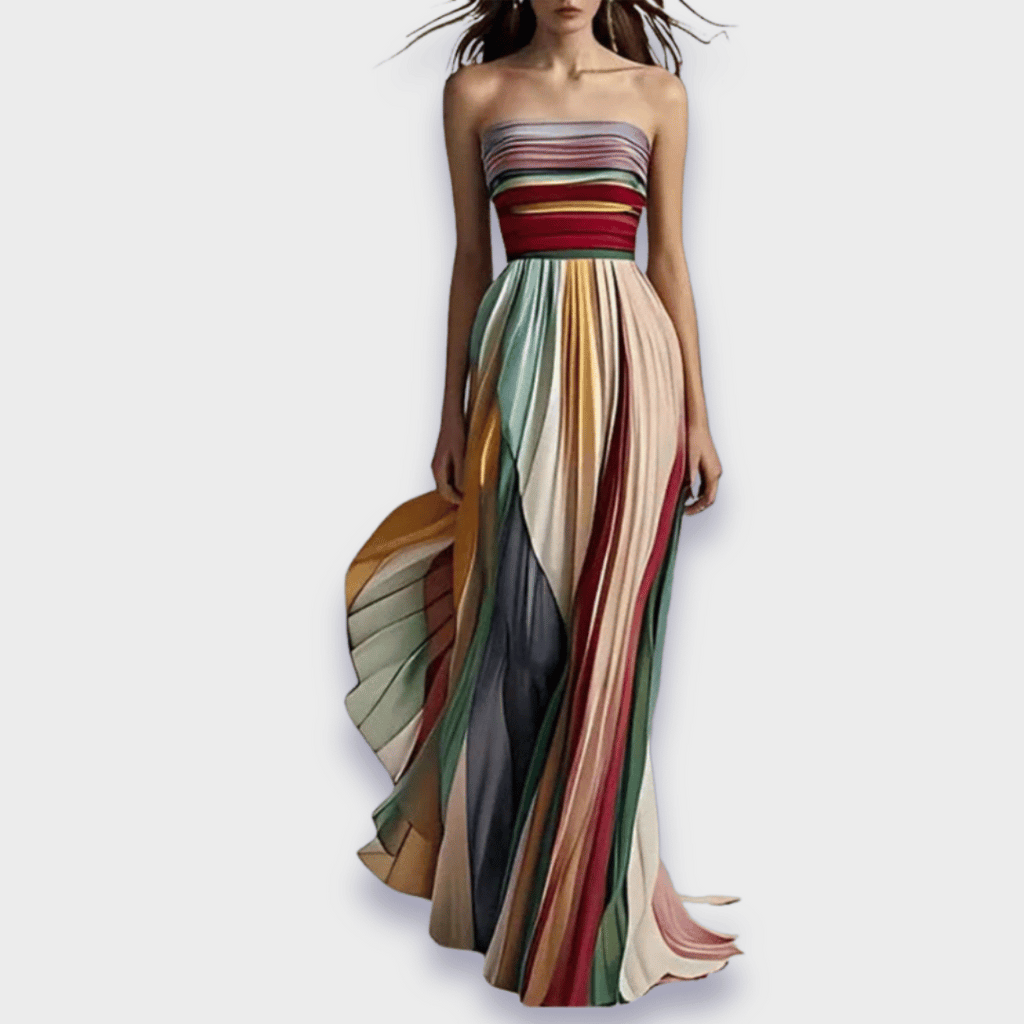 Strapless Pleated Maxi Dress With Vertical Panels