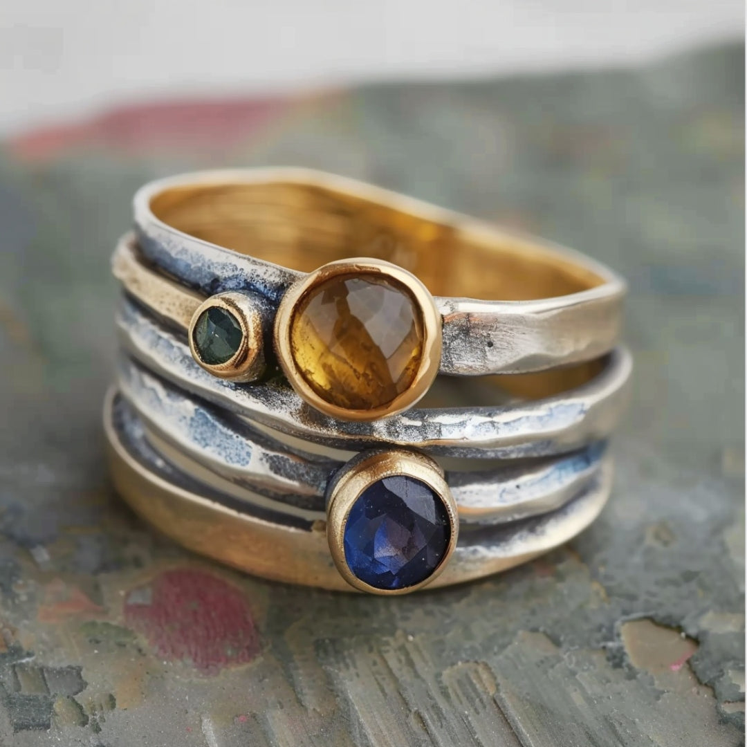 Silver-Tone Multicolour Stones Layered Ring