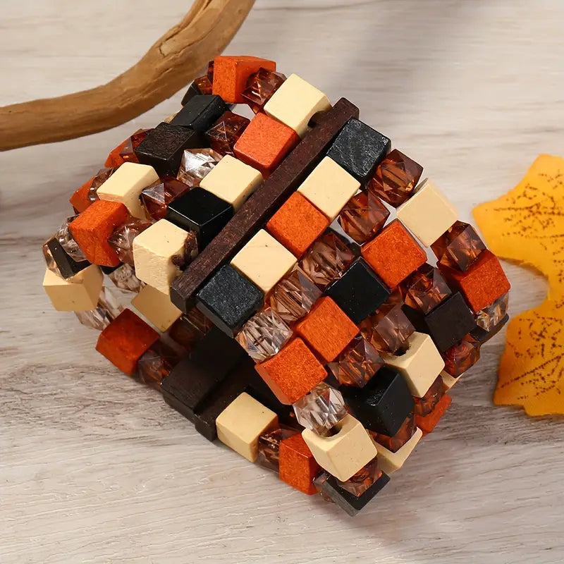 Tribal Wooden Bead Bracelet in Warm Tones