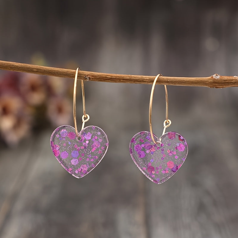 Vintage Resin Glitter Heart Pendant Earrings