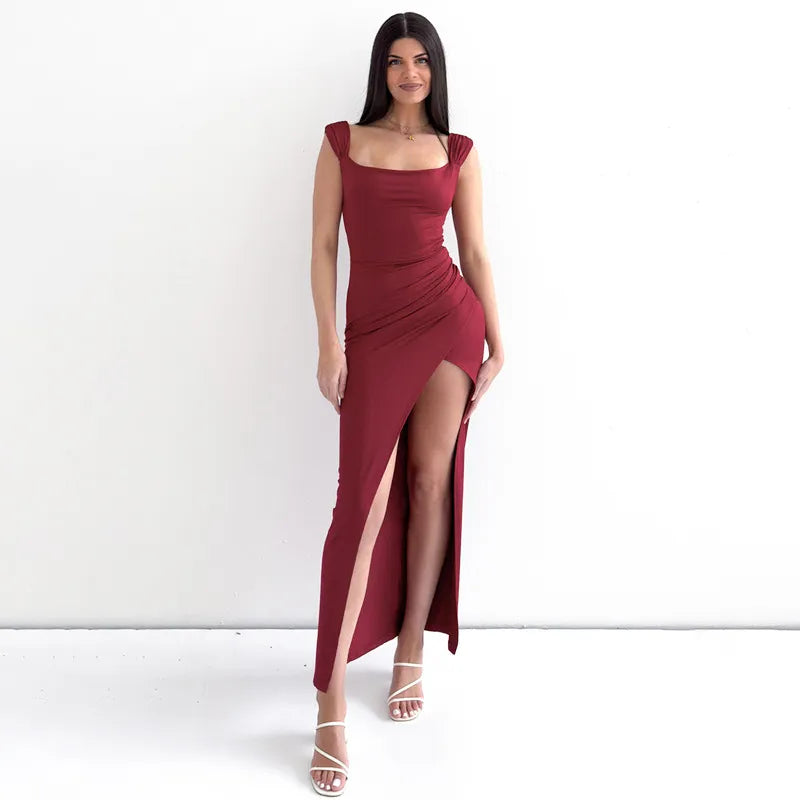 One-Shoulder Satin-Look Maxi Dress With Thigh Slit