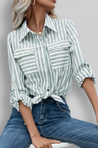 Striped Button-Front Blouse with Chest Pockets
