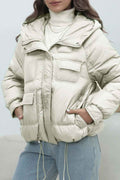 Quilted Hooded Jacket with High Collar and Drawstring Hem