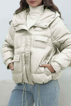 Quilted Hooded Jacket with High Collar and Drawstring Hem