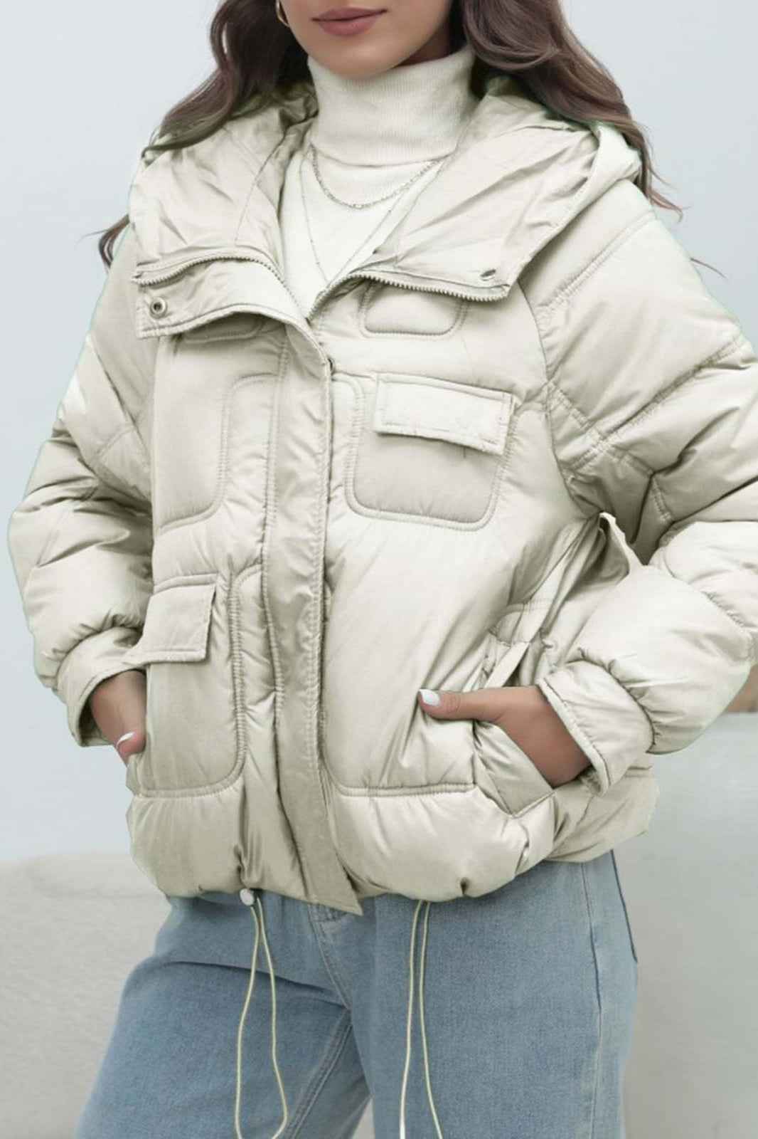 Quilted Hooded Jacket with High Collar and Drawstring Hem