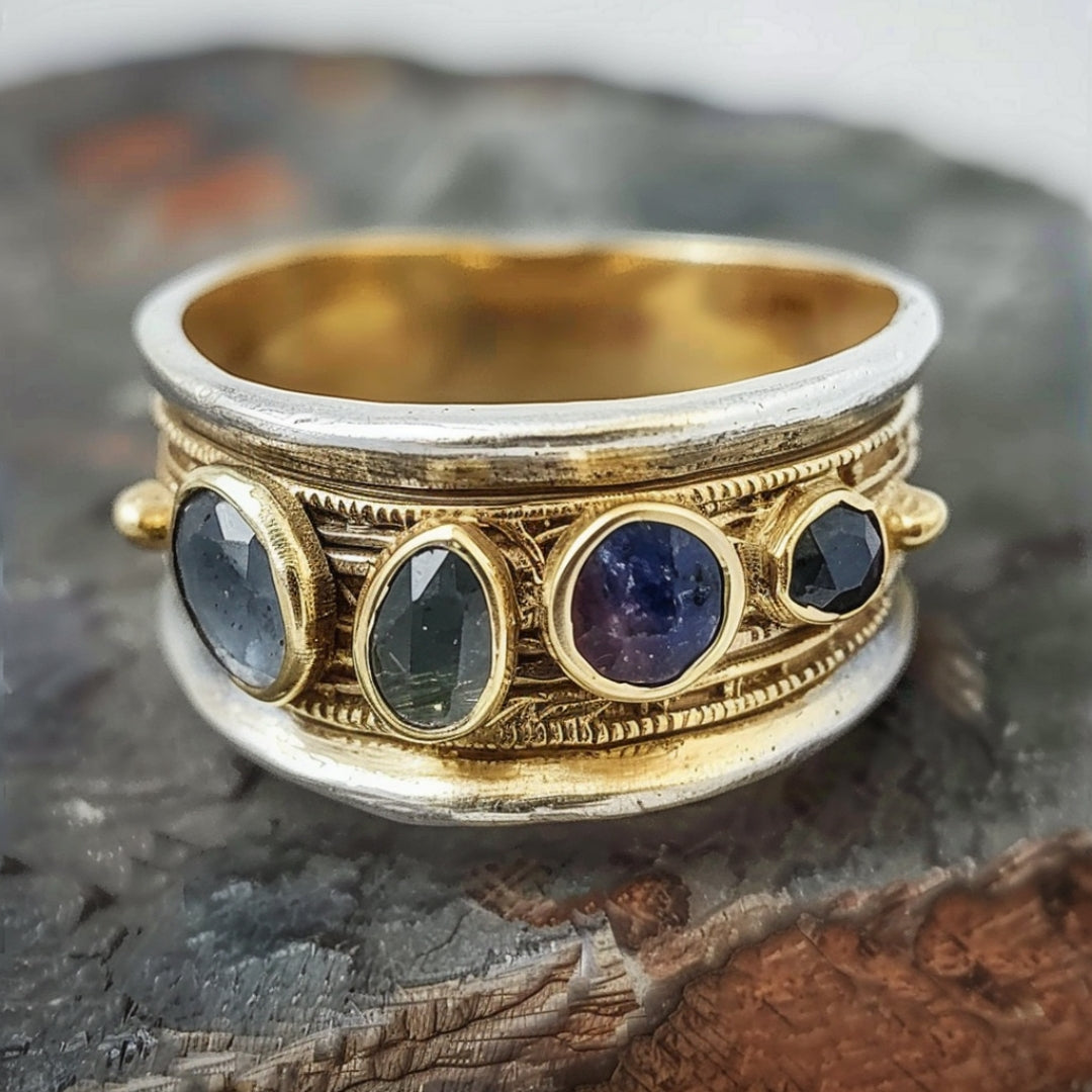 Goudkleurige ring met ingelegde blauwe stenen