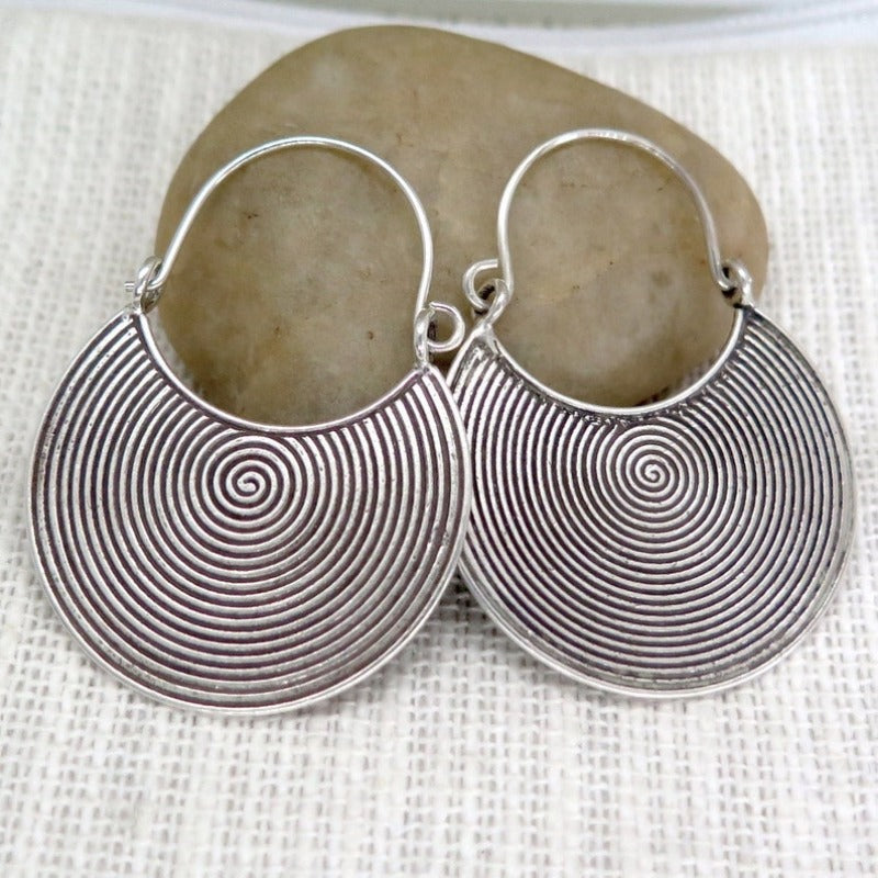 Bohemian Spiral Oxidised Disc Silver-Plated Earrings