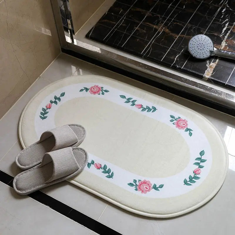 Pastoral Floral Polyester Bathroom Mat – Absorbent, Non-Slip, Oval, 40x60cm