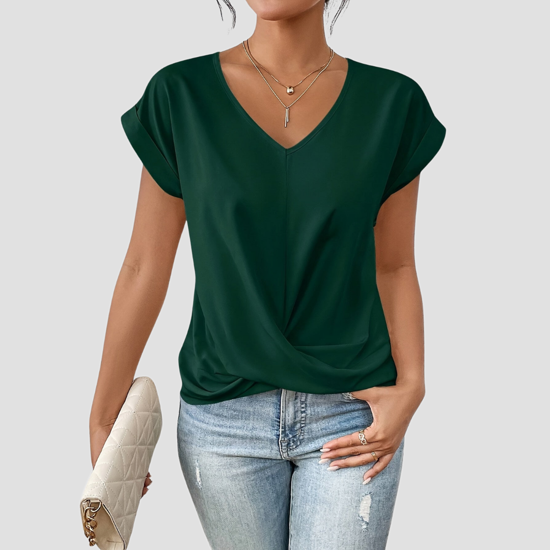 V-Neck Twist-Front Blouse with Short Sleeves