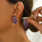 Bohemian Purple Double Heart Drop Earrings